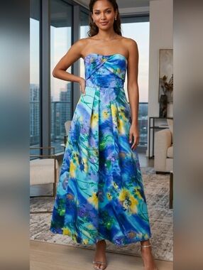 Hailey Logan Strapless Blue Floral Print A-Line Dress